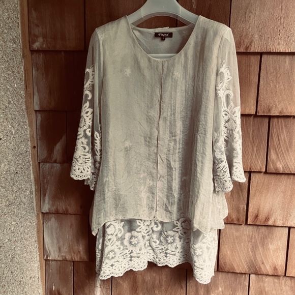 PAPA VANCOUVER SizeM Layered Organza Mesh Fully Embroidered Blouse Tunic Y2K 90s - Picture 3 of 14